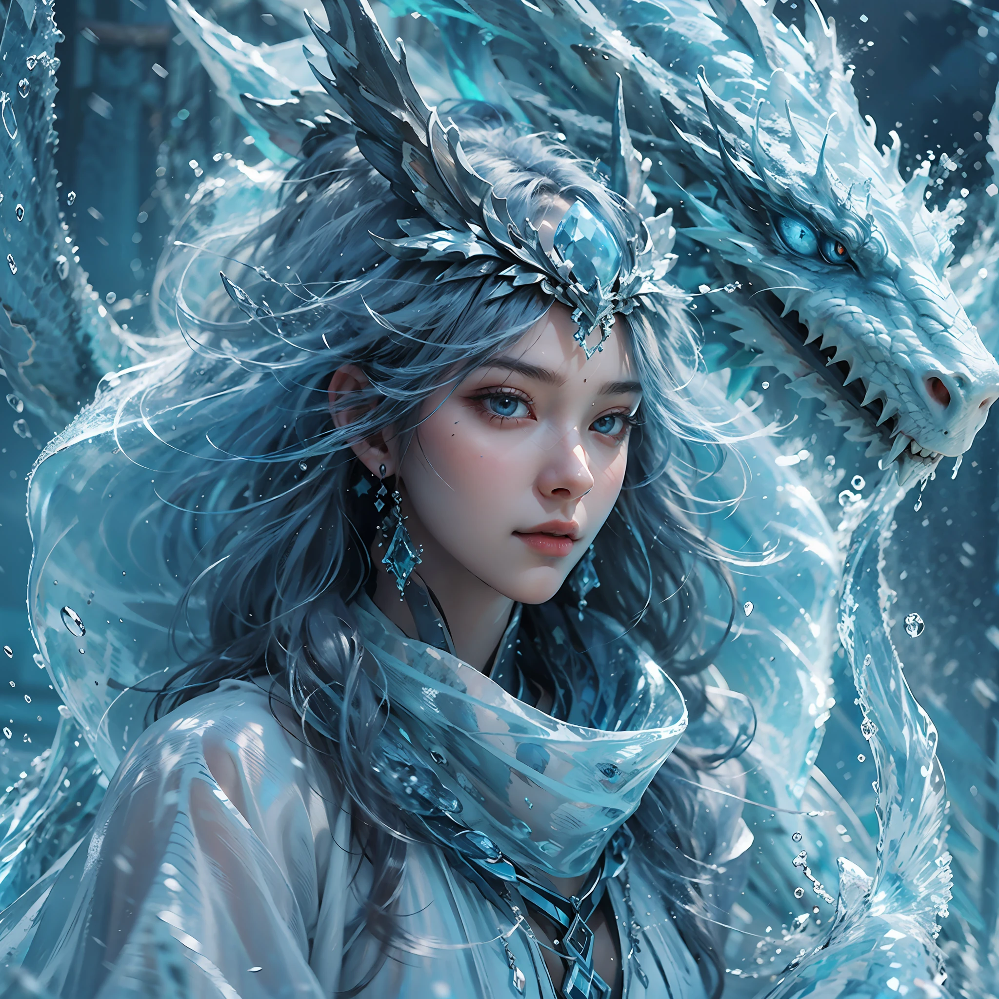 (((1girll)))，Imperial water，A magician，（Loose dress：1.5），（Perfect facial features：1.4），（Blue silk robe），（Mysterious magic formations：1.2），((ice Dragon))，（Ice crystal scales），Blue glow，（Frost wings），Powerful ice magic，Icicles，Towering over the landscape，Blue light cold light，Ice storms，wind，Flying snow ice and snow，Amazing results，,best qualityer,tmasterpiece,Ultra-high resolution,finely detailled,Complicated details,8K resolution,8KUCG wallpaper,hdr,water blue,Magic Array,Cinematic lighting effects,lightand shade contrast，Ray traching、nvidia RTX