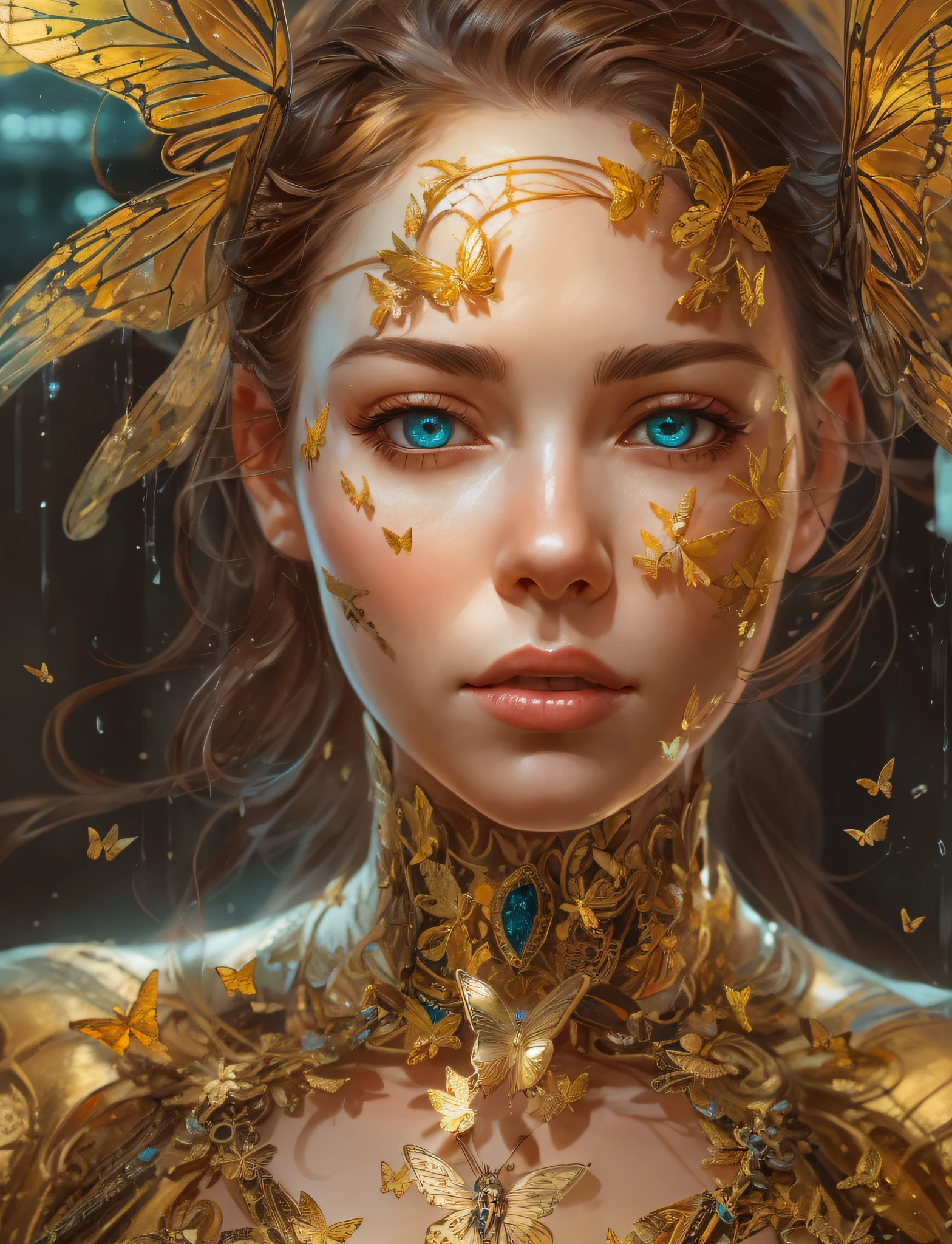 8k portrait of beautiful cyborg with brown hair, intricate, elegant, highly detailed, majestic, digital photography, art by artgerm and ruan jia and greg rutkowski surreal painting gold butterfly filigree, broken glass, (masterpiece, sidelighting, finely detailed beautiful eyes: 1.2), hdr,
