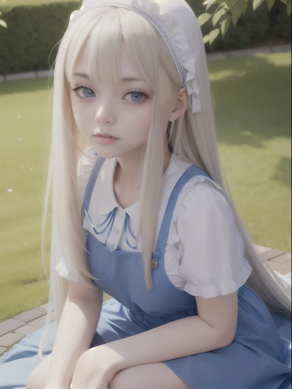 top-quality、超A high resolution、a picture、a photo of a cute girl、Detailed cute and beautiful face、(pureerosface_v1:0.008)、Beautiful bangs、alice in the wonderland、14years、White shiny skin、bangss、Platinum Blonde Super Long Straight Silky Hair、finer hair、Attractive beautiful crystal clear big blue eyes、White Apron、a blue dress、without makeup