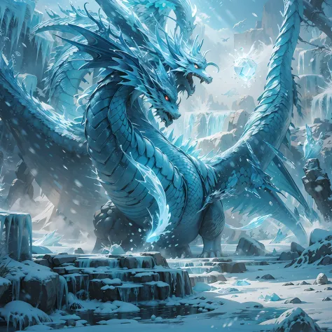 (((1girll)))，Imperial water，A magician，（Loose dress：1.5），（Perfect facial features：1.4），（Blue silk robe），（Mysterious magic formations：1.2），((ice Dragon))，（Ice crystal scales），Blue glow，（Frost wings），Powerful ice magic，Icicles，Towering over the landscape，Blu...