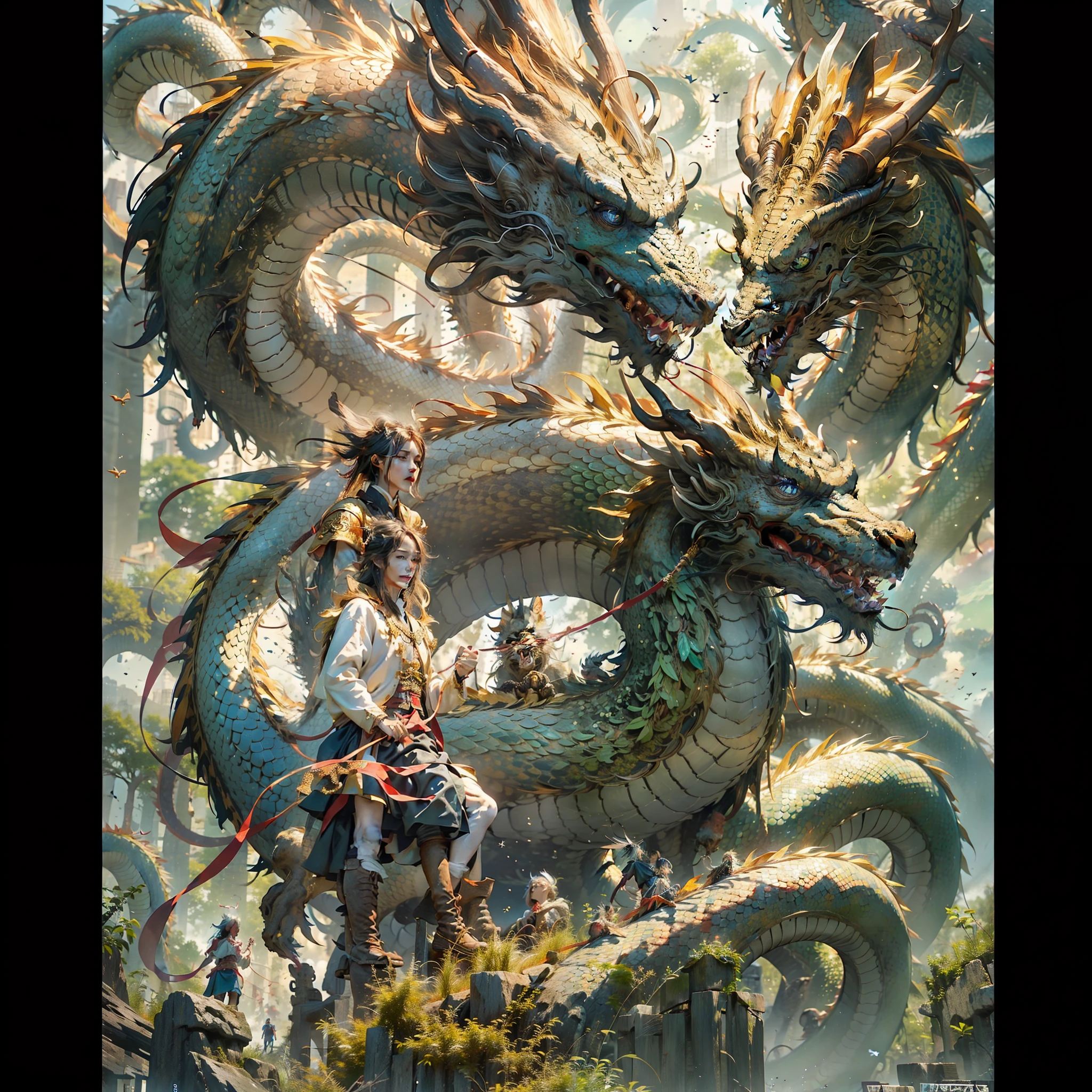 Dragons from China，From fiction the same，One person, one dragon，The Dragon of Justice，Circling around a person，(The details of the dragon are golden all over the body)，Golden-colored scales，Hovering around a young man，Look up at the camera，The mouth opened bloody mouth，chineseidol，Best Picture Quality，128k，The background is a multicolored starry sky，