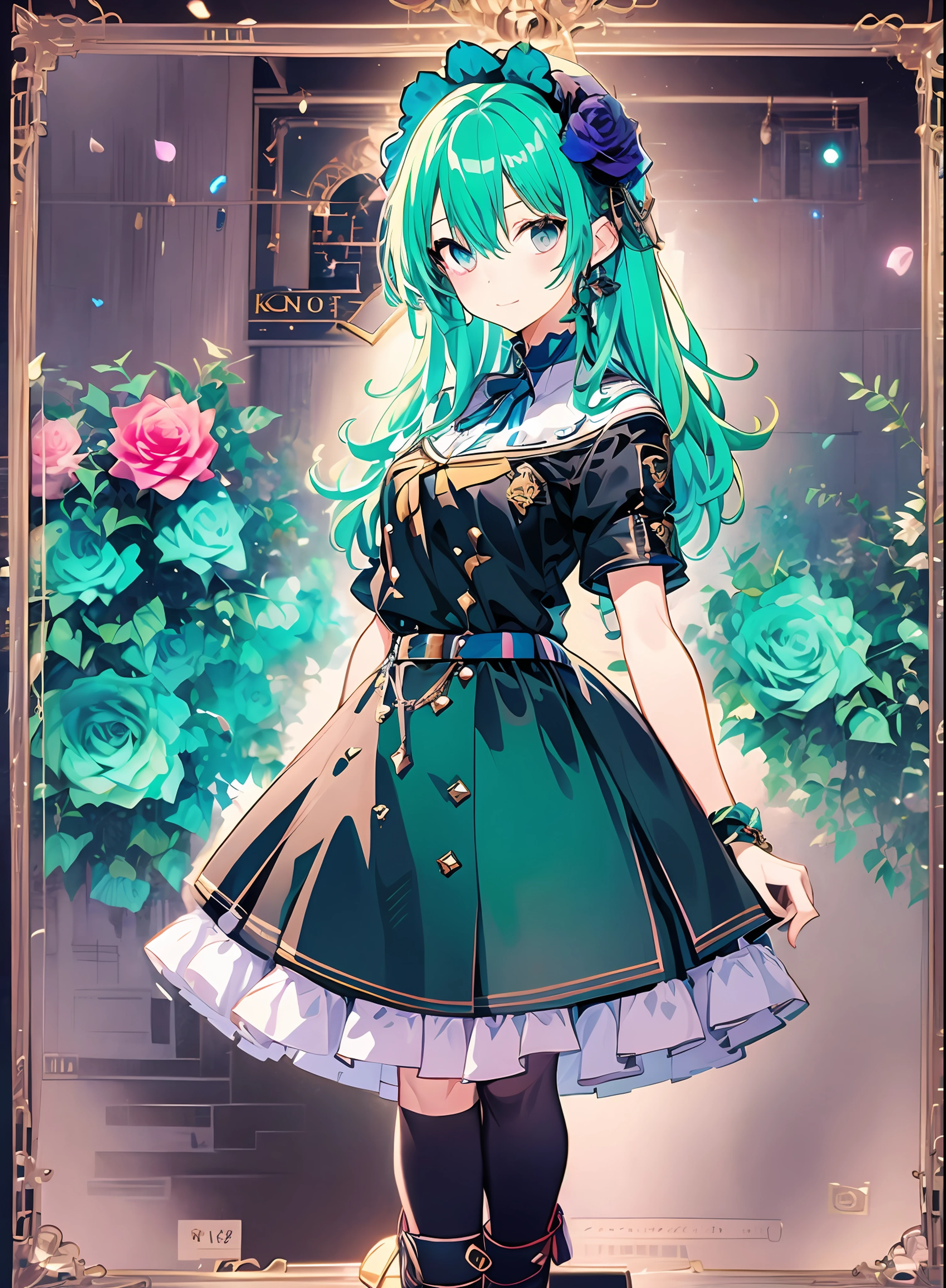 Konmutsuki_gacha_series1, punk_rosette, cute girl, aqua color flowers, full body, elegant flowers background