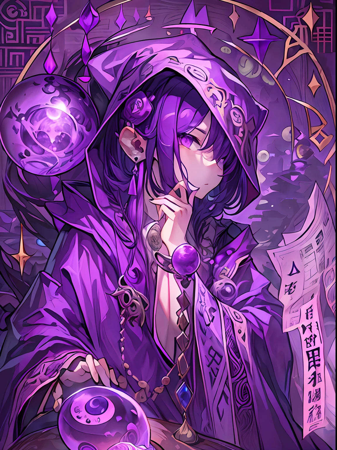 Taboo knowledge，The purple robe is printed with a yin and yang gossip map，Purple eye，mistic，Mysterious pattern，crystal sphere，magia，Purple colored hair，a beauty girl