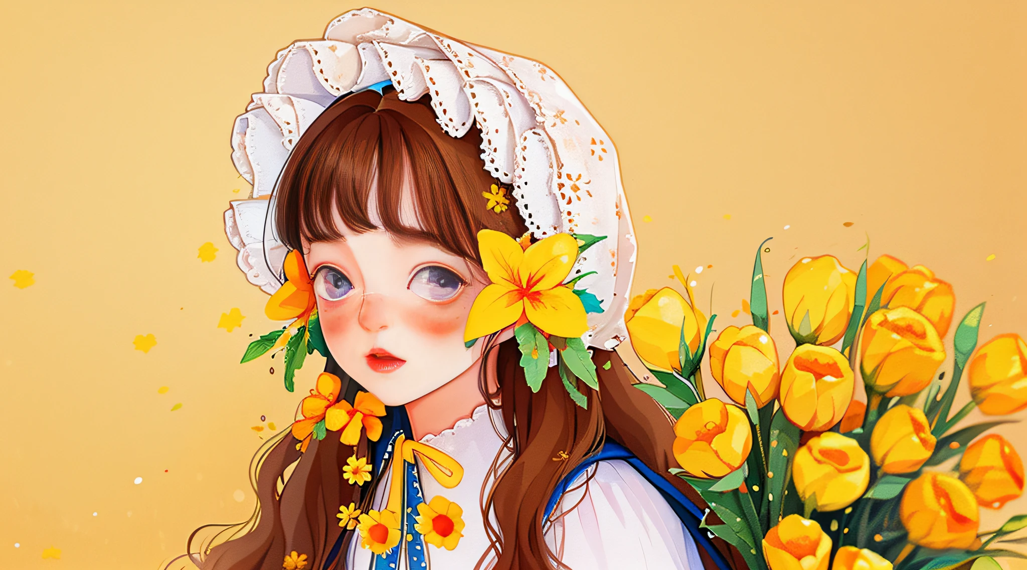 yxycolor,
1girl, solo, long hair, brown hair, flower, freckles, bonnet, looking at viewer, yellow flower, simple background, upper body, bangs, ribbon, blush, shirt, white shirt, holding flower, blue eyes, holding, red lips