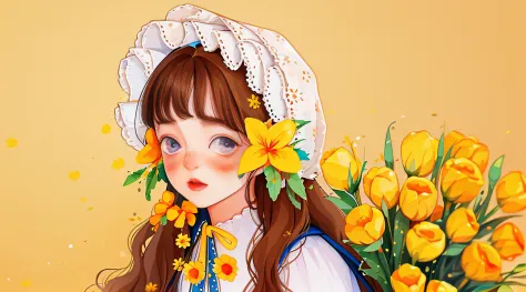 yxycolor,
1girl, solo, long hair, brown hair, flower, freckles, bonnet, looking at viewer, yellow flower, simple background, upp...