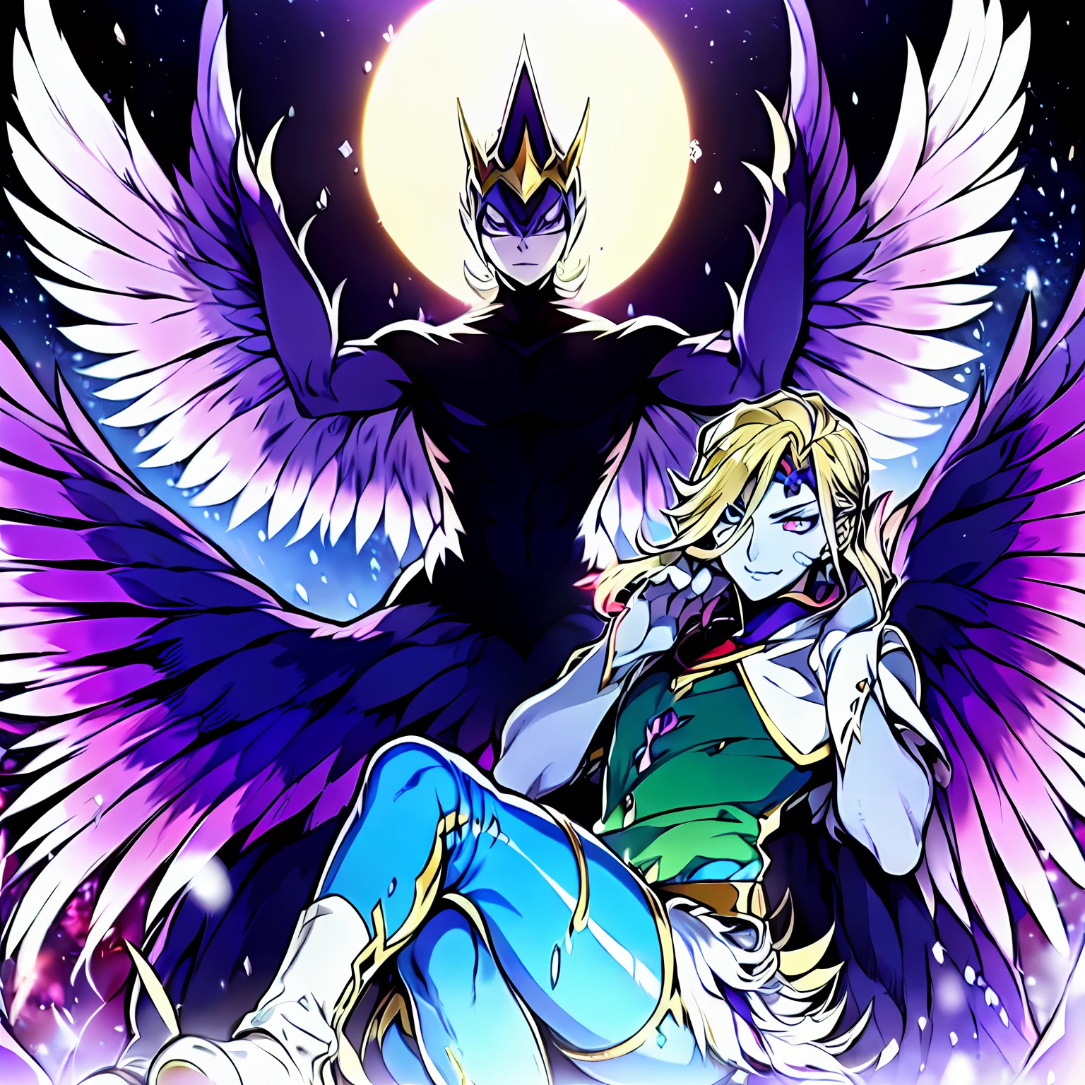 Digimon \(créature\),chef-d&#39;œuvre, meilleure qualité, beau style artistique, 1garçon, seulement,un jeune homme, ((Vil Schoenheit est un Digimon)), ((Evil queen from Snow blanc themed )),((Ailes de verre)), ((Comme un oiseau)),((peau violette)),(( Cheveux blonds avec un dégradé violet))((blanc , Palette de couleurs violet et bleu clair)), pose dynamique, Séquence de transformation intermédiaire , pose(douleur , angoisse),