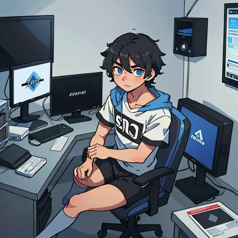 best quality: 1.0), (super high resolution: 1.0), anime boy, short black hair, blue eyes, sitting in front of computer playing g...