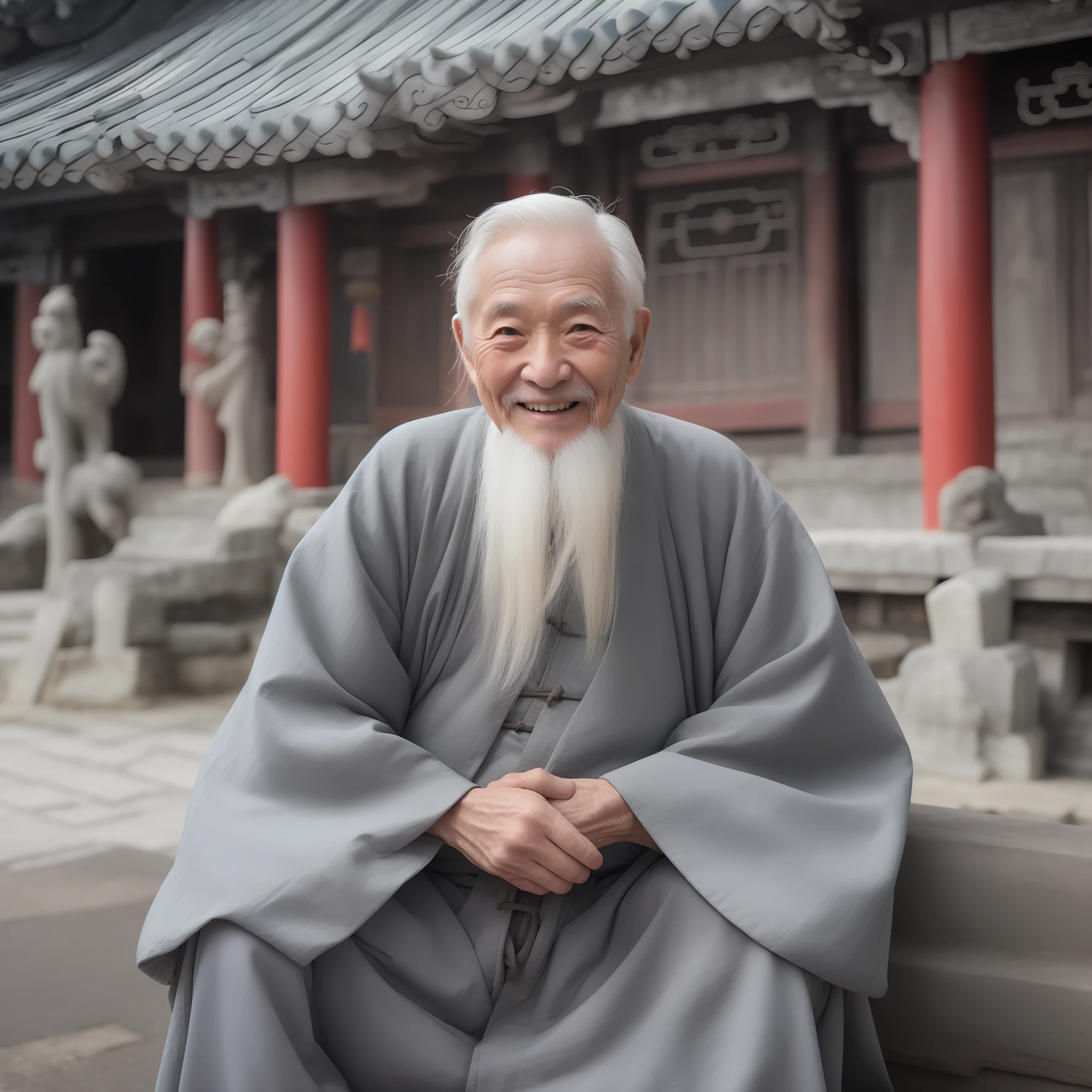 一個白髮老人, 身着灰色的中国古装, 微笑著, 80歲,镜头的中间,小白鬍子,古老的,
在室內, 中國道觀, 古老的 China temple,盤腿而坐,古老的 Chinese architecture,
中景, 最好的品質,照片,