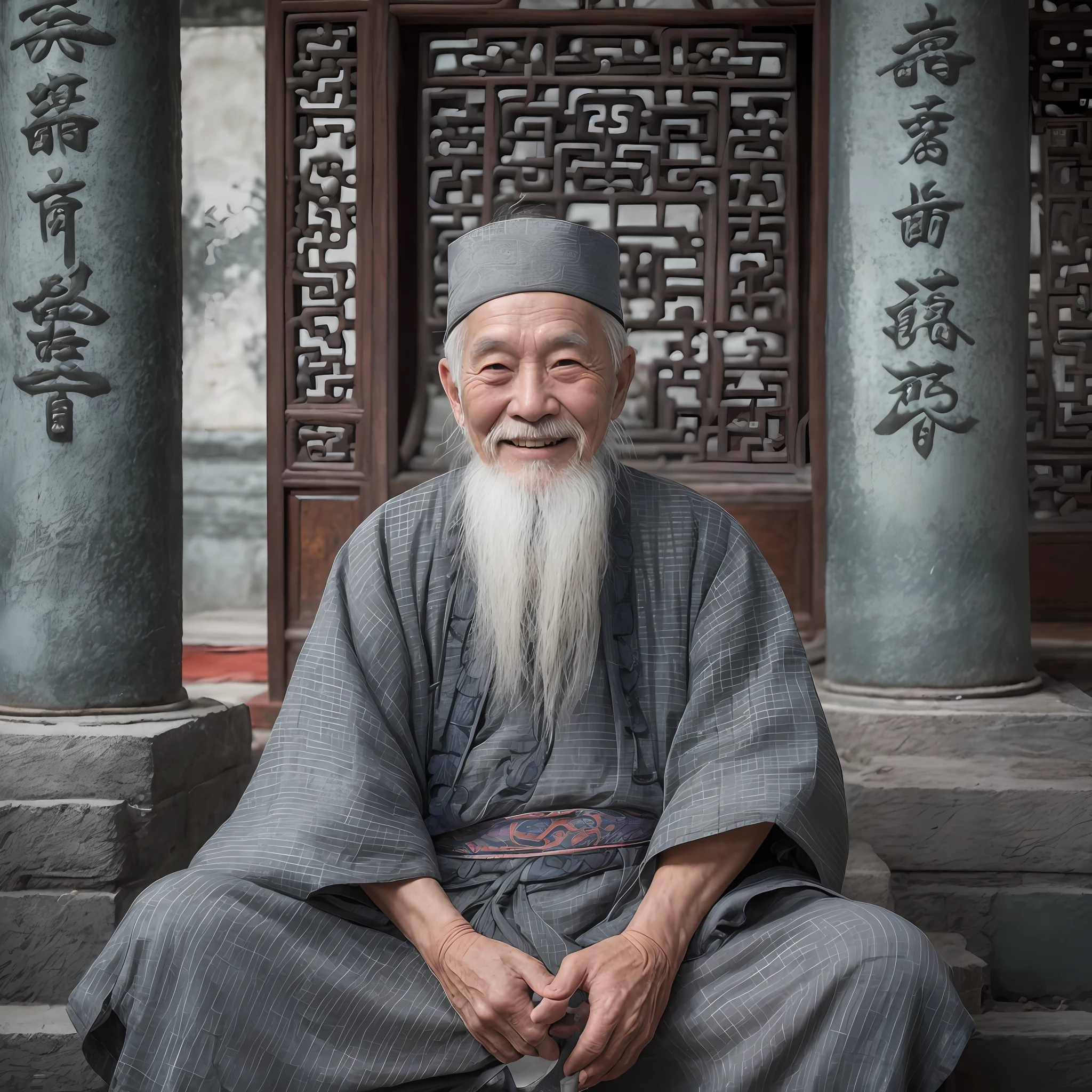 백발의 노인, 회색 고대 중국 의상을 입고, 웃고있는, 80세,렌즈 중앙,작은 흰 수염,고대의,
실내, 중국 도교 사원, 고대의 chinese temple,책상다리를 하고 앉아 있는 것,고대의 Chinese architecture,
중간 샷, 최고의 품질,사진을 찍다,