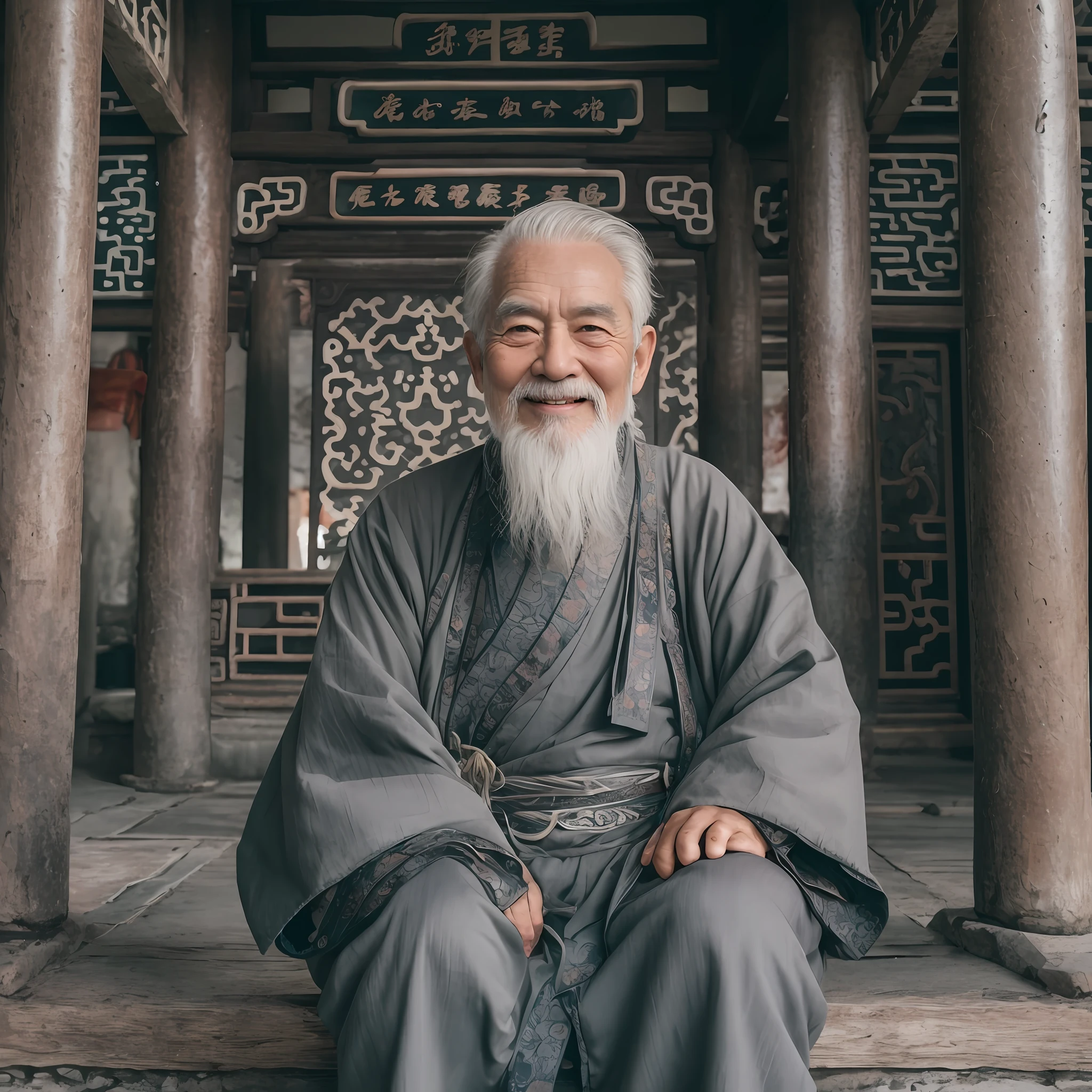 一個白髮蒼蒼的老人, 身著灰色中國古代服飾, 微笑著, 80歲,鏡頭中間,小白鬍子,古老的,
在室內, 中國道觀, 古老的 chinese temple,盘腿而坐,古老的 Chinese architecture,
中景, 最好的品質,拍到的,
