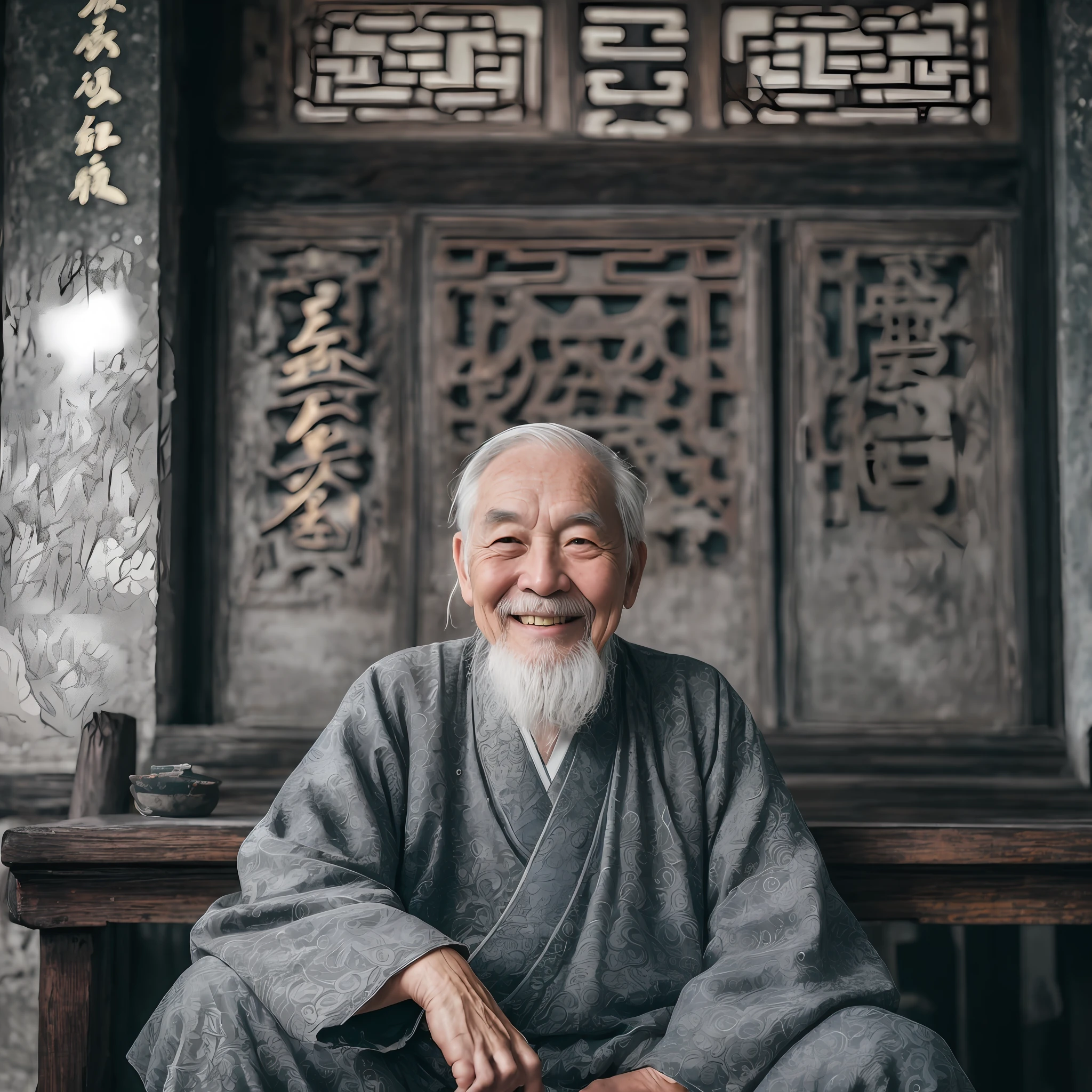 一個白髮蒼蒼的老人, 身著灰色中國古代服飾, 微笑著, 80歲,鏡頭中間,小白鬍子,古老的,
在室內, 中國道觀, 古老的 chinese temple,盤腿而坐,古老的 Chinese architecture,
中景, 最好的品質,拍到的,