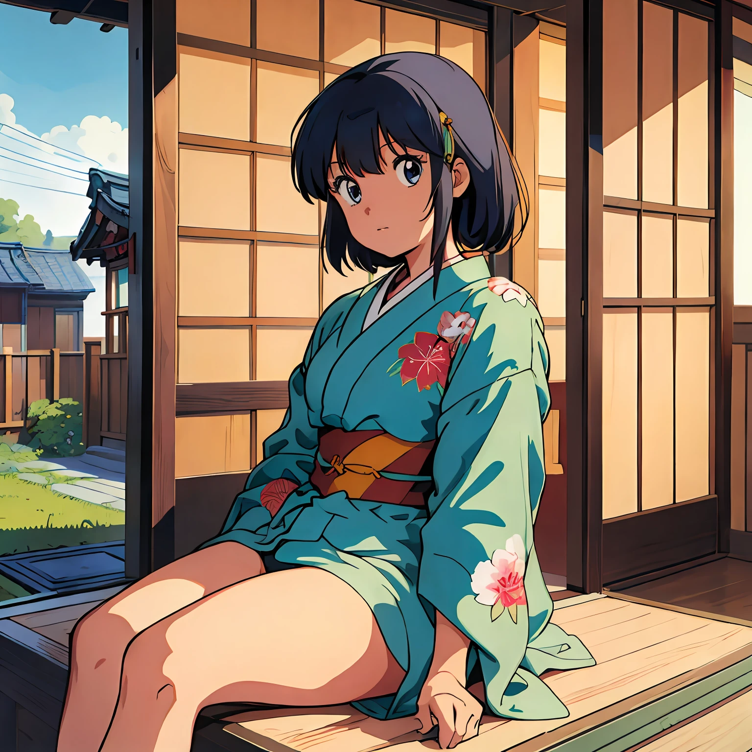 (Meisterwerk), (beste Qualität), (1 Mädchen), Allein, sexy, perfekter Körper, Kimono, Sitzung, sonniger Tag, summer, Traditionelles japanisches Haus, Windspiel, wind-bell, Anime-Serie, Stil der 1980er Jahre