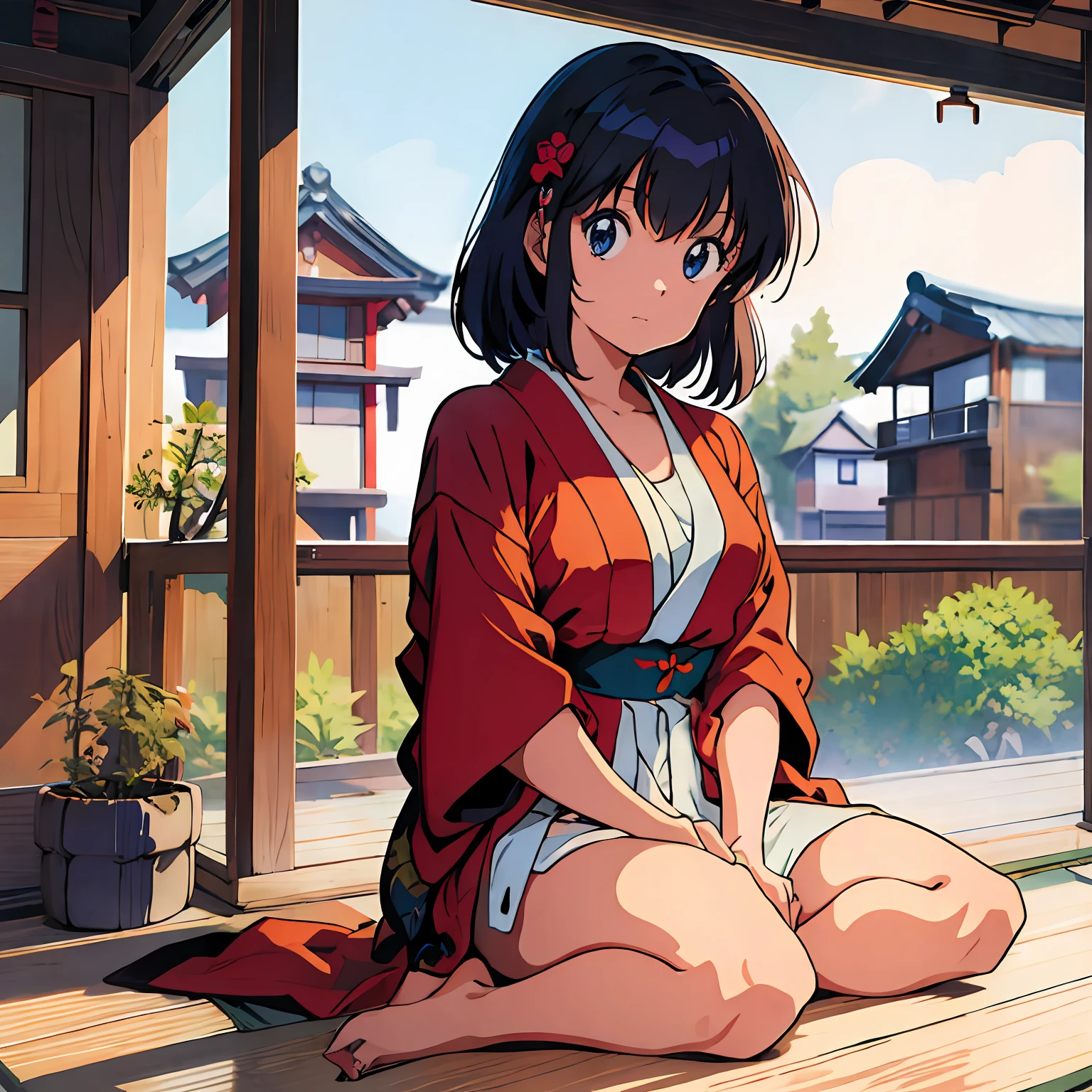 (masterpiece), (best quality), (1girl), solo, sexy, perfect body, kimono, sitting, sunny day, summer, Japanese traditional house, wind chime, wind-bell, anime, 1980s style