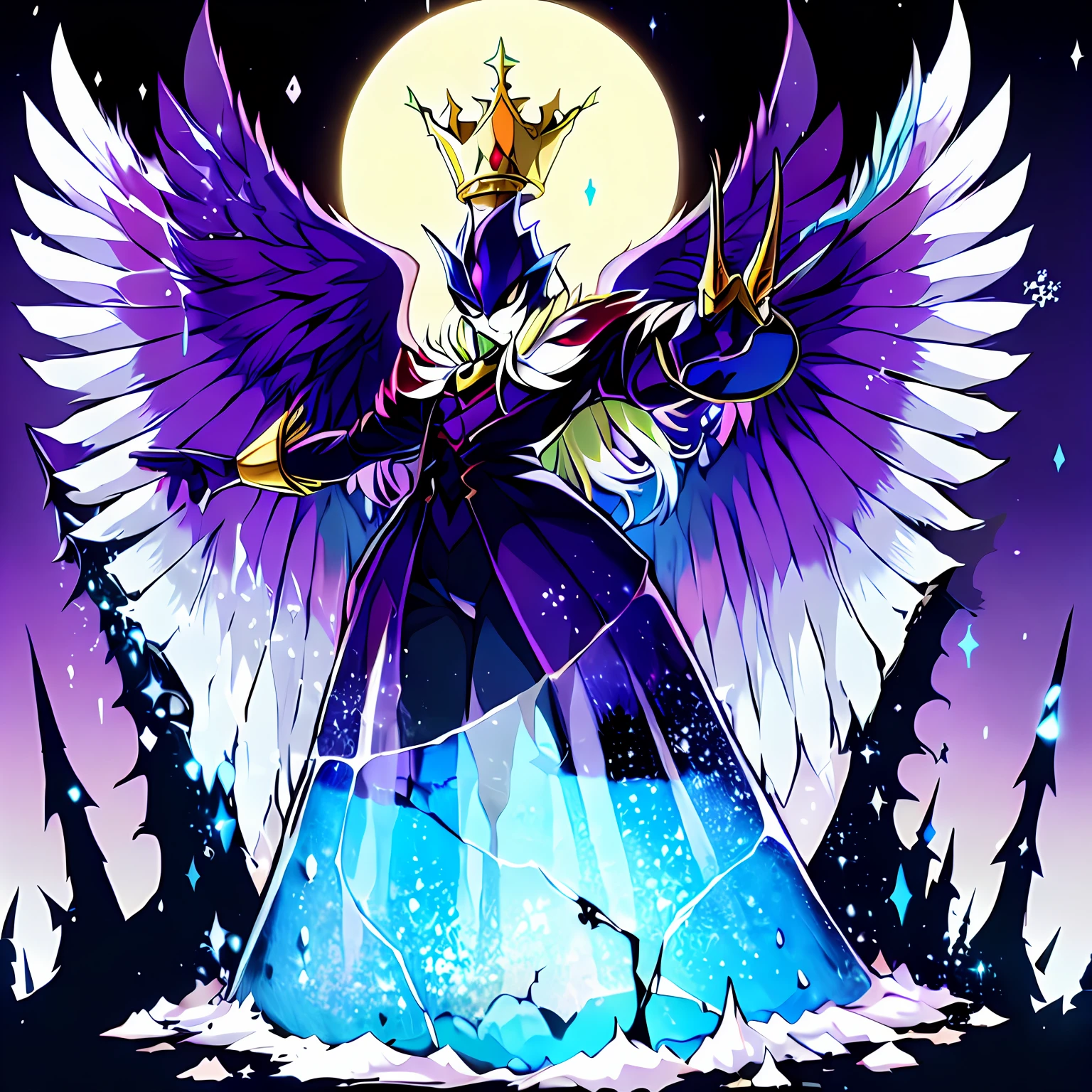 digimon \(creature\),masterpiece, best quality, Beautiful Art Style, 1boy, Solo,young man, ((Vil Schoenheit as a Digimon)), ((Evil queen from Snow White themed )),((Glass Wings)), ((Bird like)),(( Blonde hair with a purple gradient))((White , Purple and Light blue color scheme)), Dynamic pose, Mid transformation sequence , stylish pose