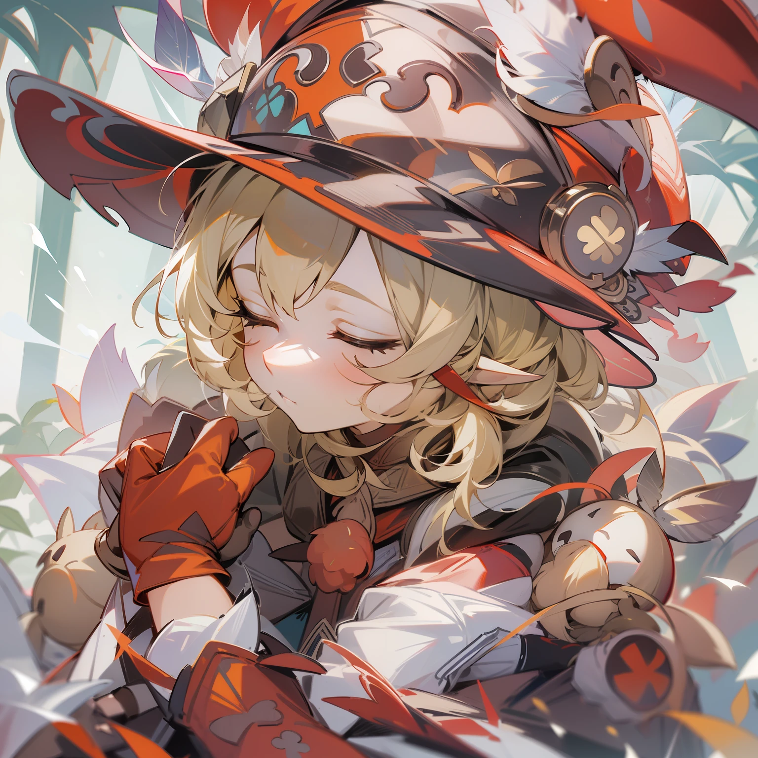 (​masterpiece、top-quality)、detaileds、Spiky ears、Hats、女の子 1 人、blonde  hair、Hat feathers、elvish、gloves、klee_\(genshin_impact\)、bags、red headwear、mittens、sleeping face