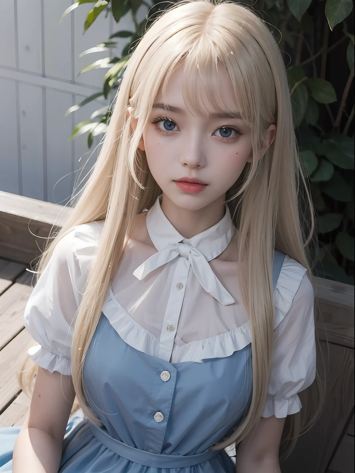 top-quality、超A high resolution、a picture、a photo of a cute girl、Detailed cute and beautiful face、(pureerosface_v1:0.008)、Beautiful bangs、alice in the wonderland、14years、White shiny skin、bangss、Platinum Blonde Super Long Straight Silky Hainer hair、Attractive beautiful crystal clear big blue eyes、White Apron、a blue dress、without makeup
