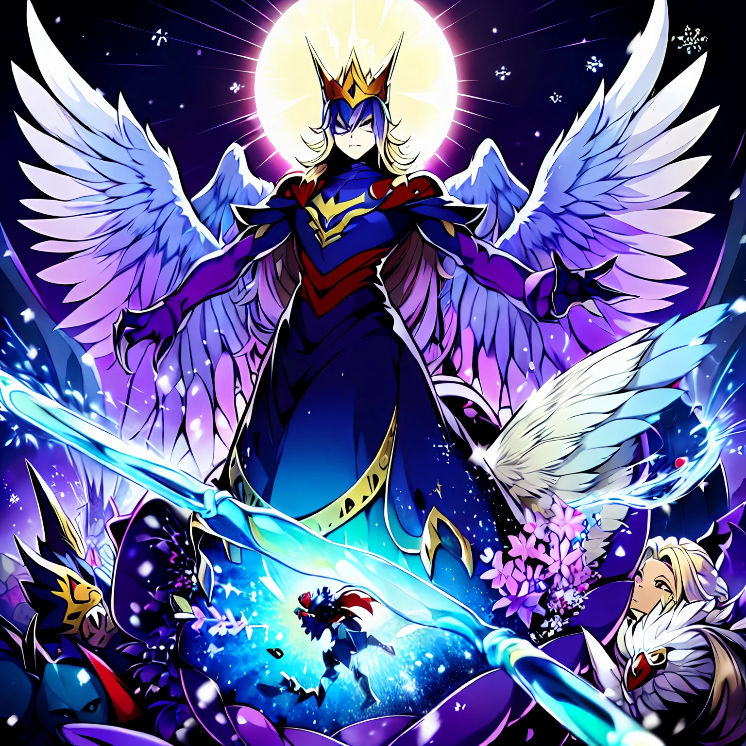 digimon \(creature\),masterpiece, best quality, Beautiful Art Style, 1boy, Solo,young man, ((Vil Schoenheit as a Digimon)), ((Evil queen from Snow White themed )),((Glass Wings)), ((Bird like)),(( Blonde hair with a purple gradient))((White , Purple and Light blue color scheme)), Dynamic pose, Mid transformation sequence , stylish pose