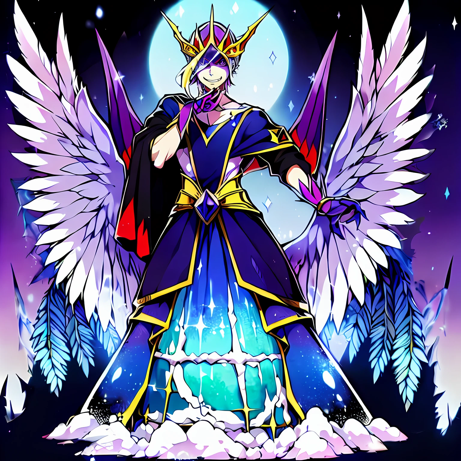 Digimon \(créature\),chef-d&#39;œuvre, Meilleure qualité, beau style artistique, 1garçon, seulement,un jeune homme, ((Vil Schoenheit est un Digimon)), ((Evil queen from Snow blanc themed )),((Ailes de verre)), ((Comme un oiseau)),(( Cheveux blonds avec un dégradé violet))((blanc , Palette de couleurs violet et bleu clair)), pose dynamique, Séquence de transformation intermédiaire , Pose élégante