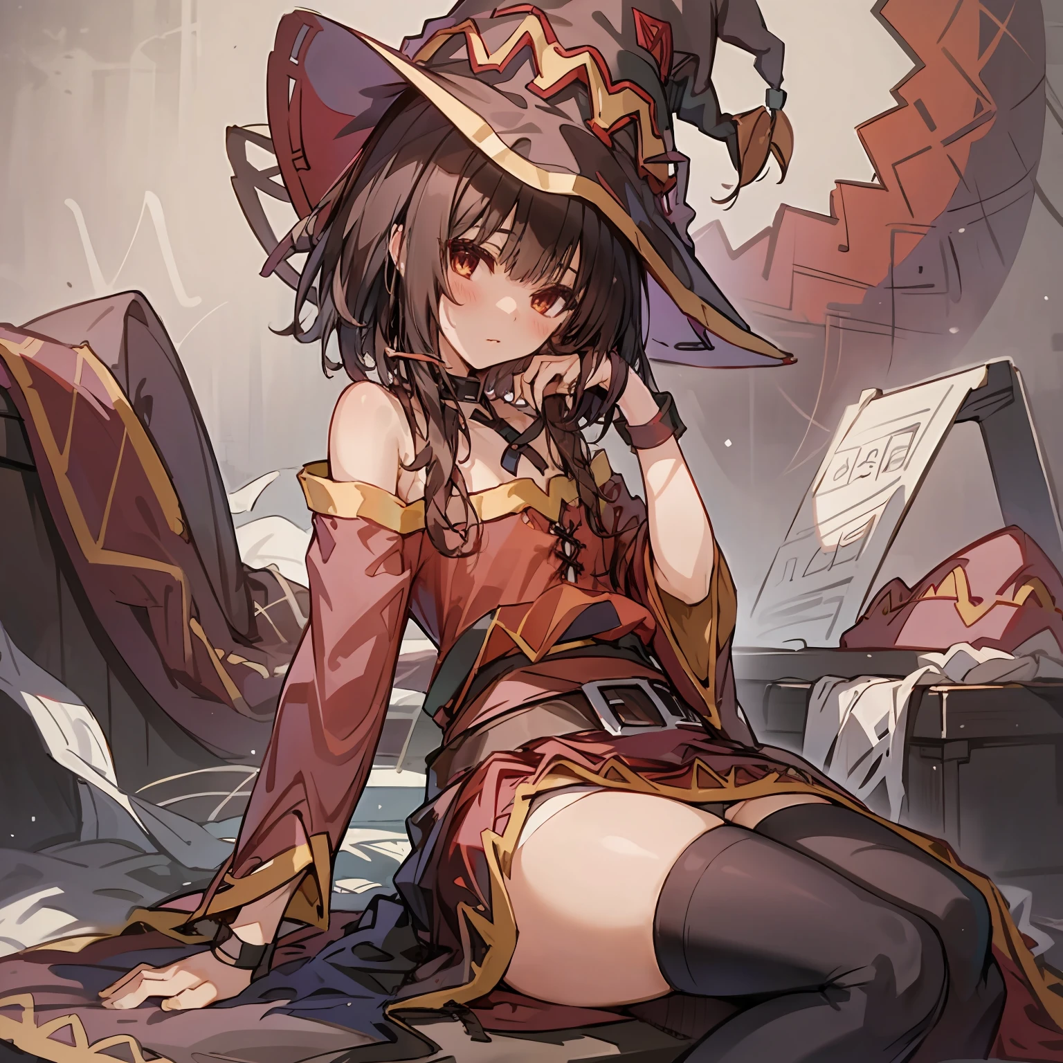 1 girl,​masterpiece,small tits,Short hair,(top-quality),Perfect Anatomy,sitting on,(Megumin),Big witch's hat,(high details),