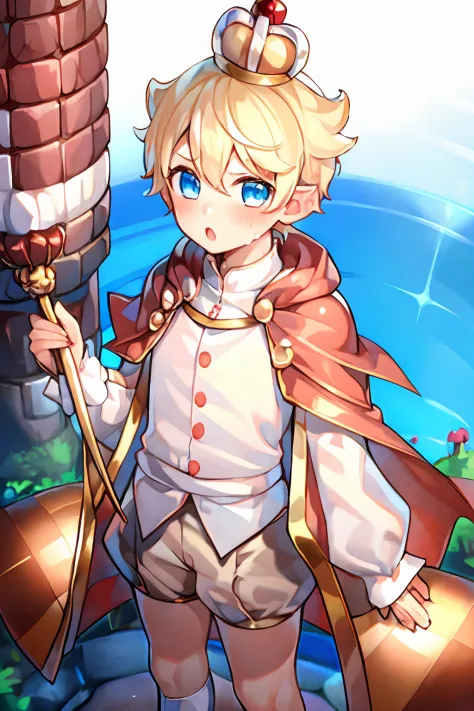 1boy, crkcustard, blue eyes, short hair, blonde hair, earrings, red cape, mini crown, jewelry, white shirt, buttons, puffy short...