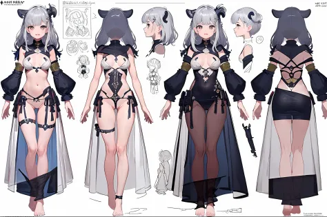 (​masterpiece))、(((top-quality))、((CharacterDesignSheet、the same character、gauges、across、soles)）、illustratio、1girl in, fantasy clothing, (simple background, White background: 1.3), No exposed skin,