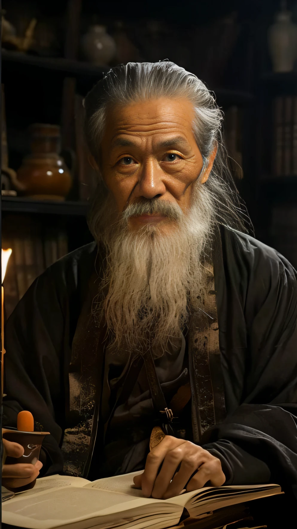 with a long beard，There was an Araffard man in the library, Sharp gaze，Emaciated face，The realistic skin is inspired by Wu Daozi, Taoist, Wise old man, Taoist master, Inspired by Hu Zaobin, author：Cheng Zhengkui, inspired by Li Gonglin, author：Li Meishu, ancient japanese monk, An old man, inspired by Li Zai