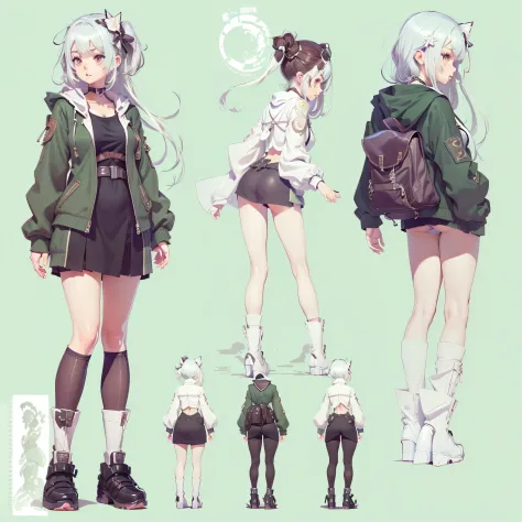 ((masutepiece)),(((Best Quality)),(CharacterDesignSheet, Same character, same outfit, front, Side, Back), Illustration, 1 girl, Regular 21st century clothing, (Simple background, White background: 1.3), No very exposed skin