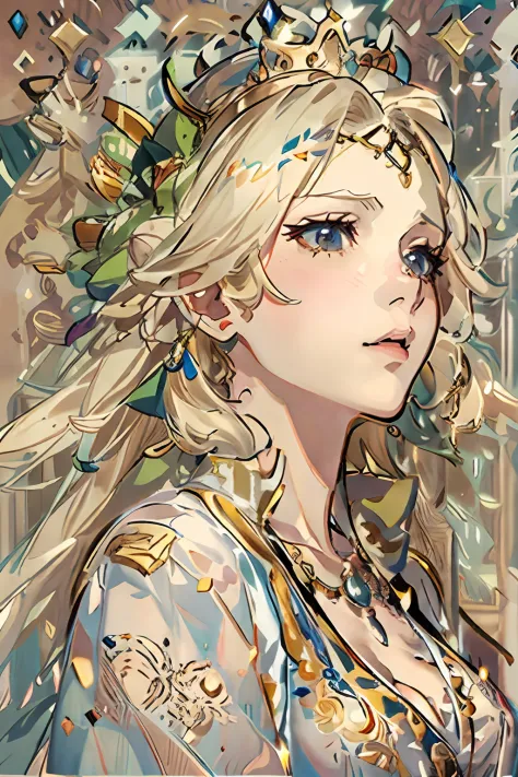 Drawing of a woman with long blonde hair and a crown, alphonse mucha and rossdraws, Anime Art Nouveau, Detailed Digital Anime Art, portrait of princess zelda, portrait knights of zodiac girl, highly detailed exquisite fanart, anime fantasy illustration, cl...