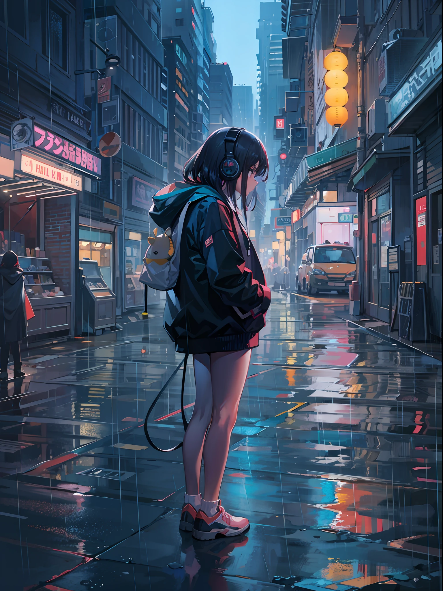 Obra de arte, garota sozinha, Sozinho, incrivelmente absurdo, capuz, fones de ouvido, rua, ar livre, chuva, néon,