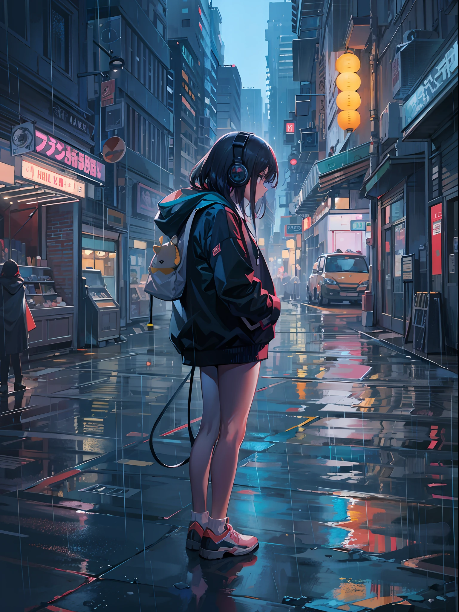 masterpiece, girl alone, solo, incredibly absurd, hoodie, headphones, street, outdoor, rain, neon,