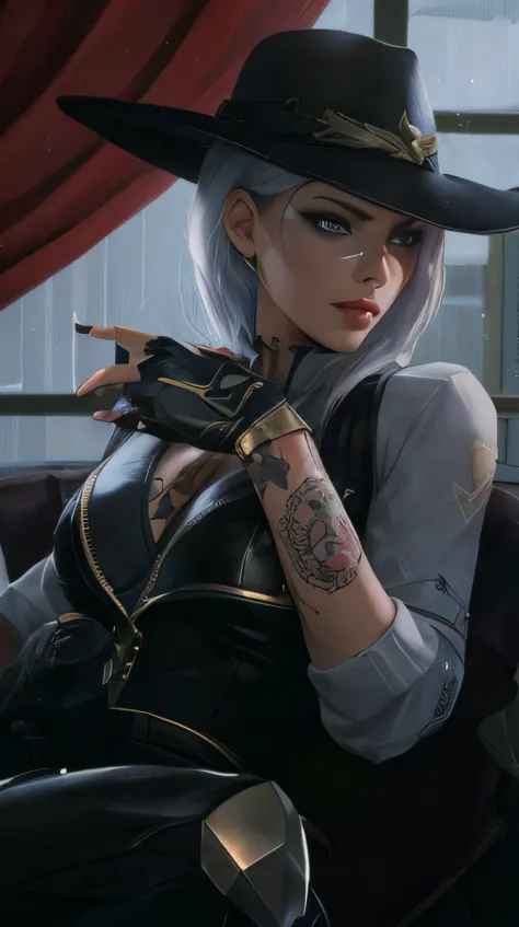 A closeup of a woman with a hat and a tattoo on her arm, Ashe, Overwatch, Ashe, Artgerm extremamente detalhado, Artgerm. High de...