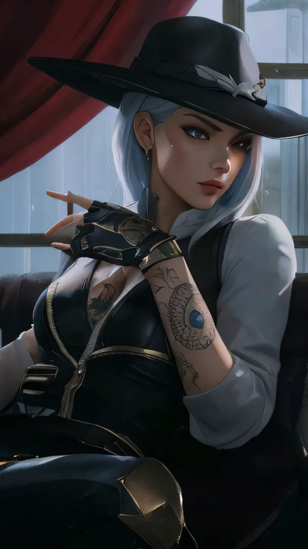 A closeup of a woman with a hat and a tattoo on her arm, Ashe, Overwatch, Ashe, Artgerm extremamente detalhado, Artgerm. High de...