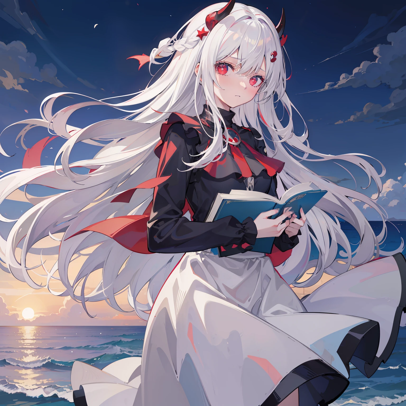 Best quality，tmasterpiece，one-girl，White hair，Red eyes，the hair flutters with the wind，Have by the sea，nigth，The girl was silent，A faint sadness appeared on his face，A black hairpin pinned to his head，devil horns，She looked cold，Light gray long dress，Holding a book in his hand