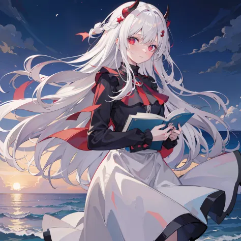 Best quality，tmasterpiece，one-girl，White hair，Red eyes，the hair flutters with the wind，Have by the sea，nigth，The girl was silent，A faint sadness appeared on his face，A black hairpin pinned to his head，devil horns，She looked cold，Light gray long dress，Holdi...