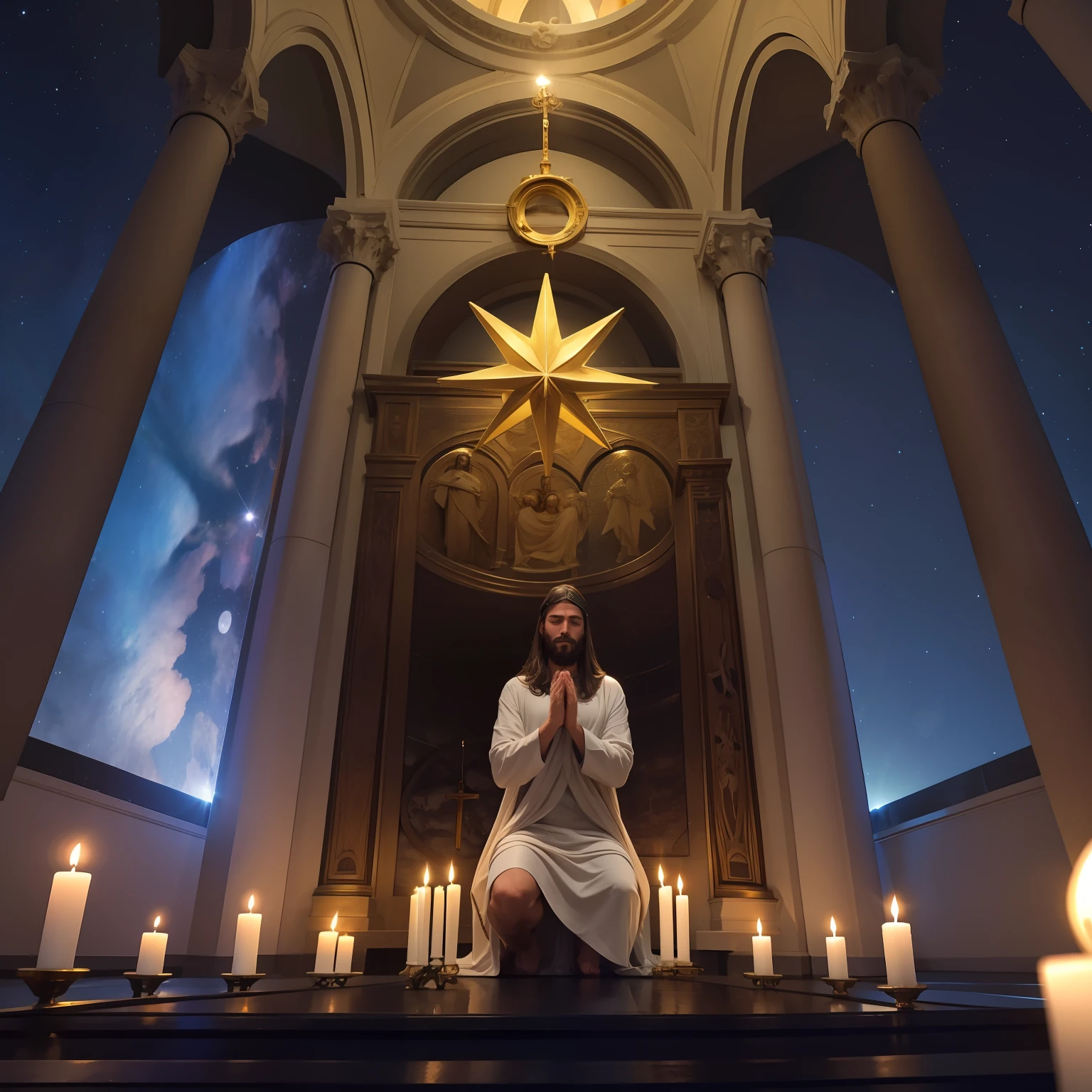 Jesus man, praying, night sky with moon and stars, Inside the church