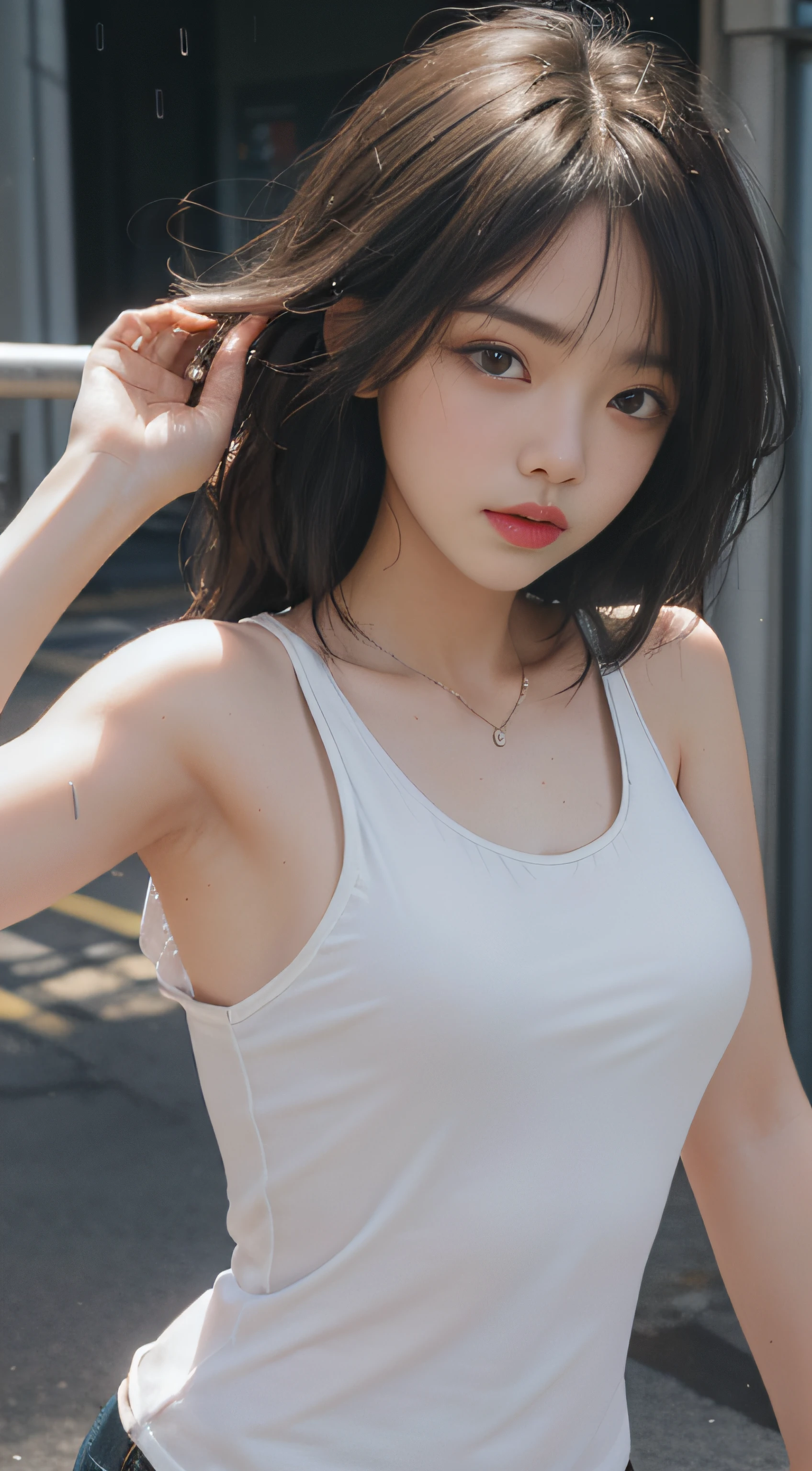((Best quality, 8K, Masterpiece :1.3)), Sharp focus :1.2, perfect figure beautiful woman:1.4, Slim abs:1.2, ((Layered Hair Style,)), (Tank top shirt:1.1 ), (the street:1.2), Highly detailed facial and skin texture, A detailed eye, double eyelid,（torn laundry：1.5）， Best Picture Quality， tmasterpiece， Ultra-high resolution， （fidelity：1.4）， photore， 1 girl，[（grieves）]，white  shirt， dimly lit， darkly， be desperate， pitying， cute little， cinematic ligh， tears， tear drop， （torn laundry：1.5）， （wetclothes：1.4）， exposed bare shoulders， Real rain， Wet hair,