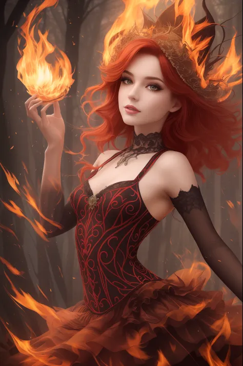 In the midst of a mystical forest shrouded in illusion, A captivating witch with red hair dances gracefully, manipulando chamas ...