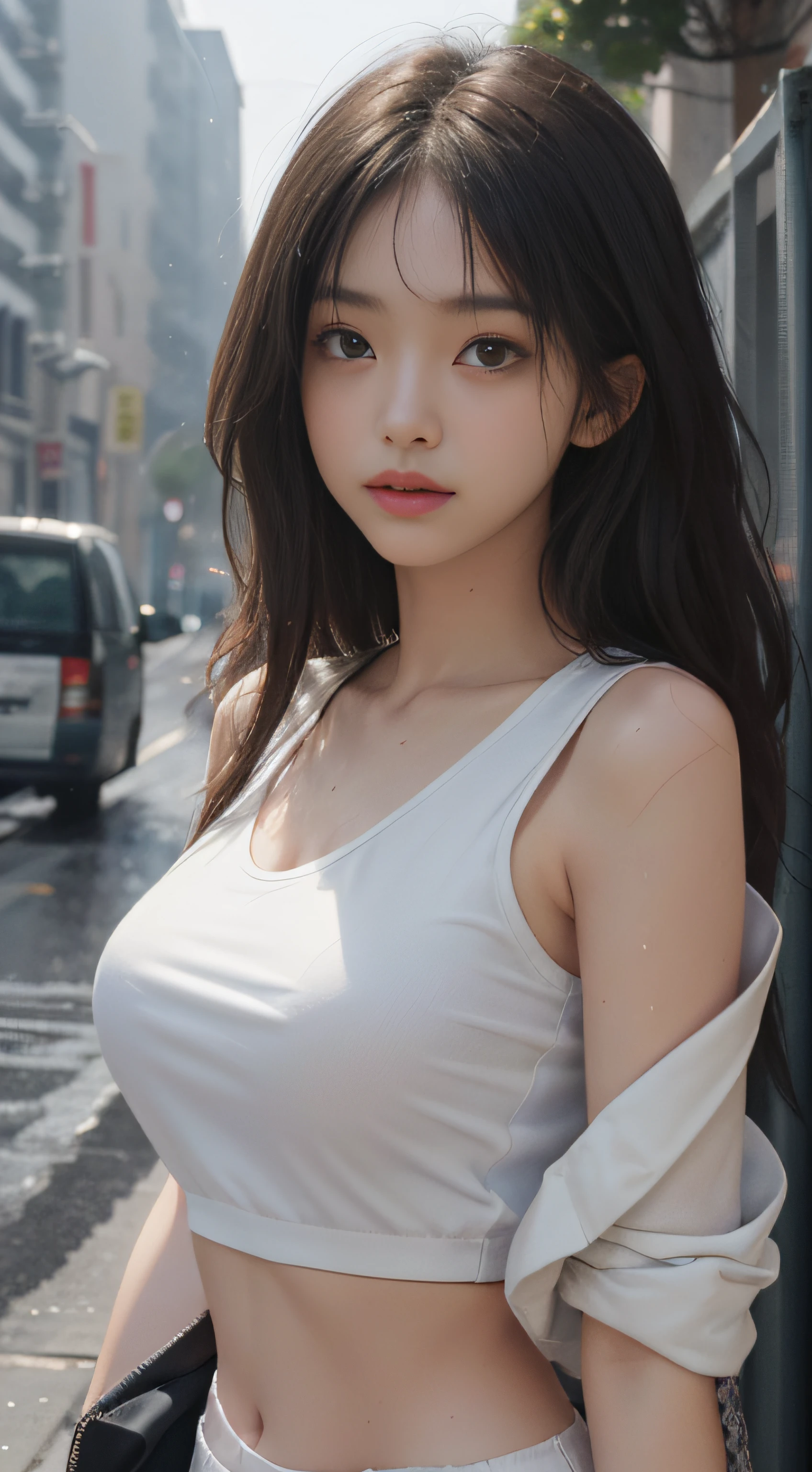 ((Best quality, 8K, Masterpiece :1.3)), Sharp focus :1.2, perfect figure beautiful woman:1.4, Slim abs:1.2, ((Layered Hair Style,)), (Tank top shirt:1.1 ), (the street:1.2), Highly detailed facial and skin texture, A detailed eye, double eyelid,（torn laundry：1.5）， Best Picture Quality， tmasterpiece， Ultra-high resolution， （fidelity：1.4）， photore， 1 girl，[（grieves）]，white  shirt， dimly lit， darkly， be desperate， pitying， cute little， cinematic ligh， tears， tear drop， （torn laundry：1.5）， （wetclothes：1.4）， exposed bare shoulders， Real rain， Wet hair,