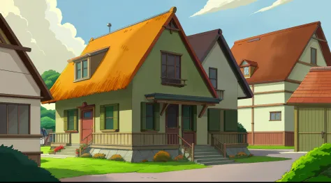 anime style house，red roof and green shutters, style of madhouse studio anime, fundo de casa, maison ikkoku, style of madhouse a...