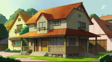 anime style house，red roof and green shutters, style of madhouse studio anime, fundo de casa, maison ikkoku, style of madhouse a...