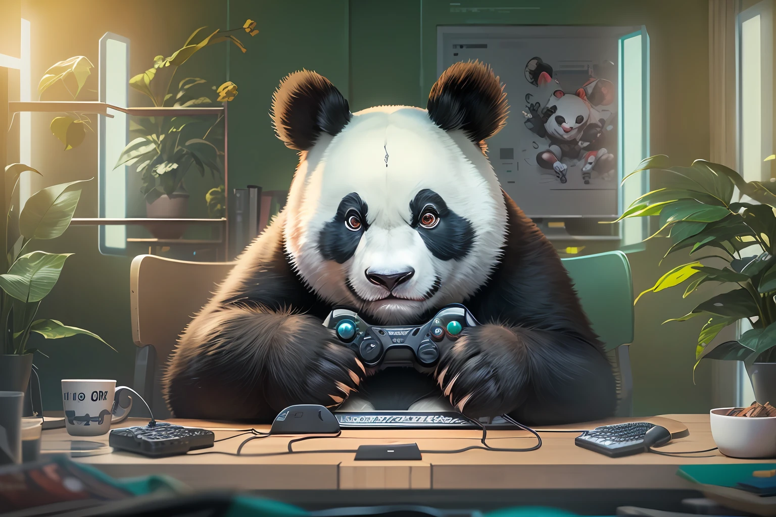 Panda playing a video game with a controller in a room - SeaArt AI