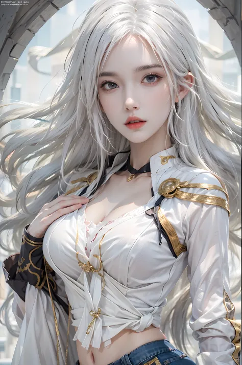 photorealistic, high resolution, 1 women, solo, hips up, look at viewer, (detailed face), white hair, long hair, anime cosplayer