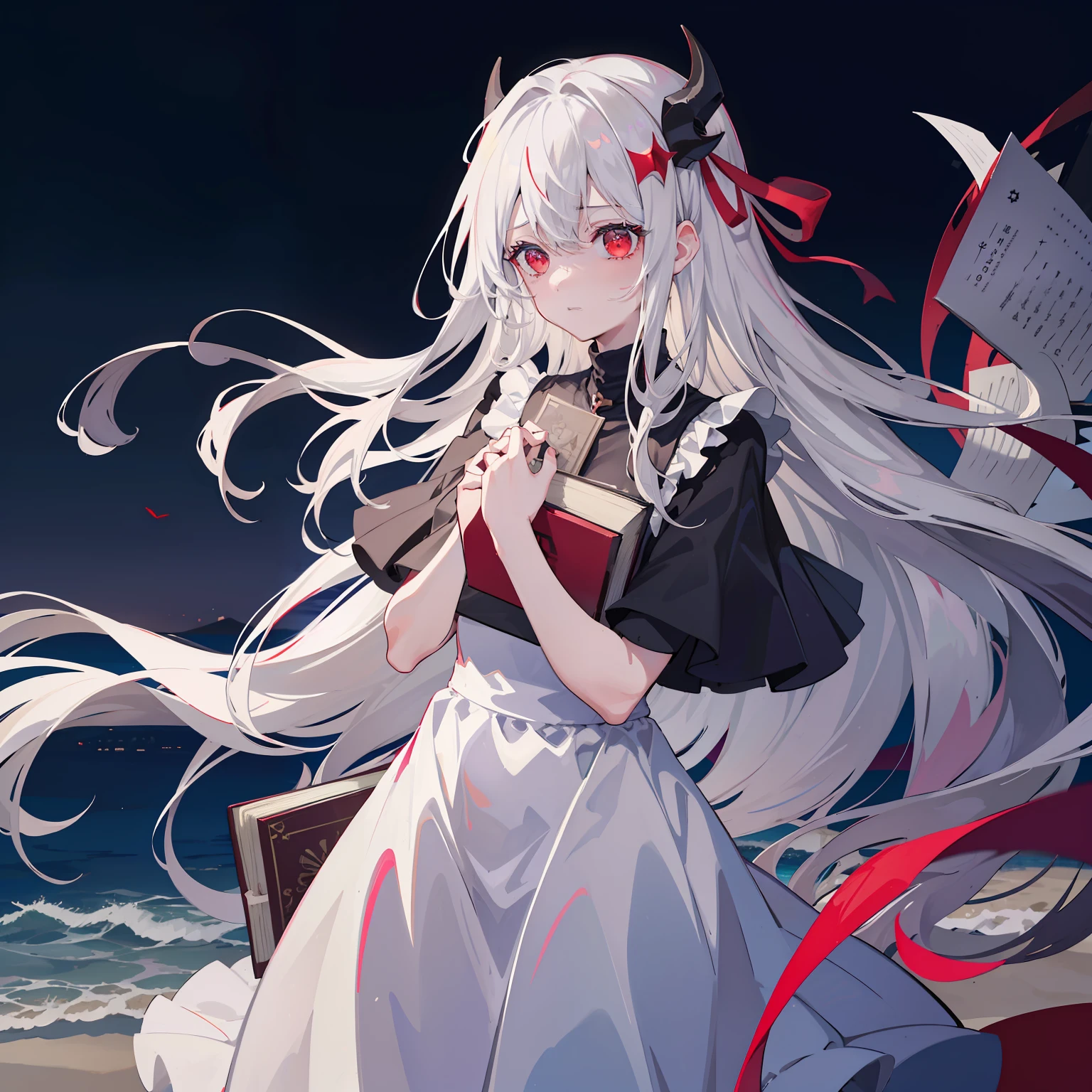 Best quality，tmasterpiece，one-girl，White hair，Red eyes，the hair flutters with the wind，Have by the sea，nigth，The girl was silent，A faint sadness appeared on his face，A black hairpin pinned to his head，devil horns，She looked cold，Light gray long dress，Holding a book in his hand