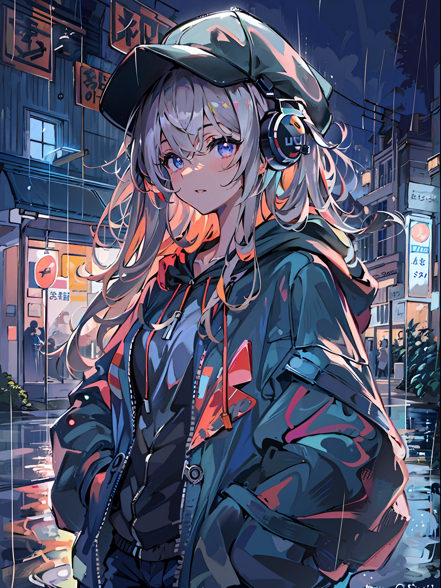 8K resolution、((top-quality))、((​masterpiece))、((ultra-detailed))、1 woman、solo、incredibly absurdness、Oversized hoodies、headphones、Street、plein air、Rain at night、neons、Shortcut Hair、Brightly colored eyes、Hands in pockets、shortpants、water dripping