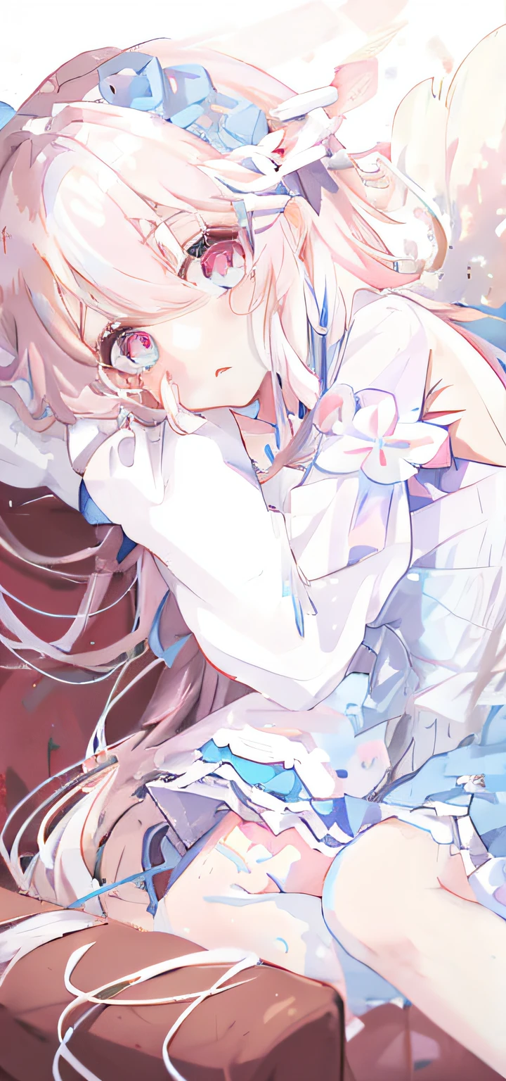 Une fille d'anime aux longs cheveux blancs et à la robe bleue allongée sur un canapé, loli en robe, petit loli tout en courbes, éclaboussure d&#39;art animé , visuel animé d&#39;une jolie fille, illustration d&#39;anime doux, Nocturne, art d&#39;anime propre et méticuleux, Waifu anime mignon dans une jolie robe, petite fille, jolie fille animée, la fille animée est accroupie