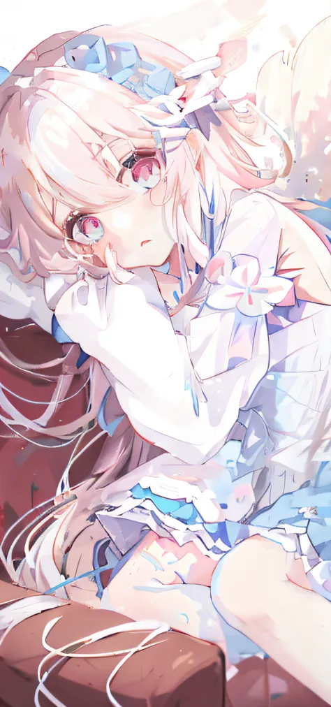 Anime girl with long white hair and blue dress lying on sofa, loli in dress, small curvaceous loli, Splash art anime Loli, anime...
