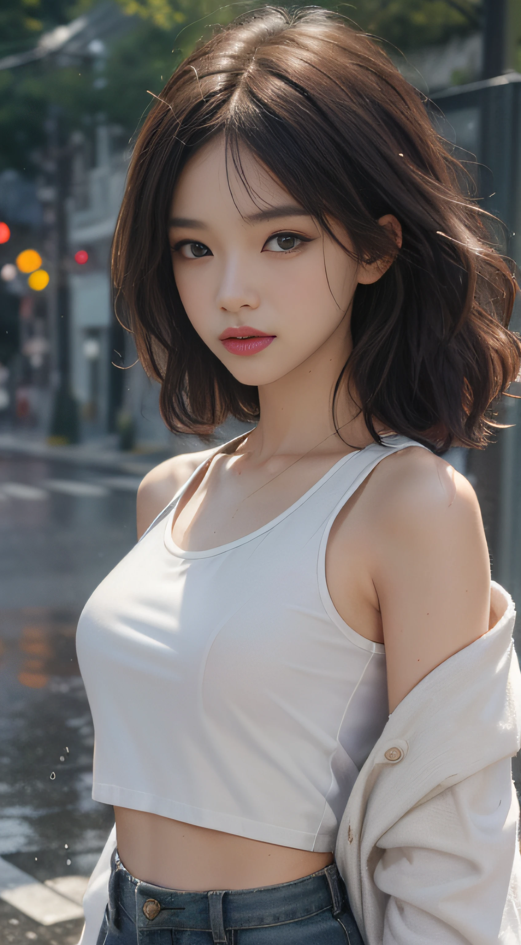 ((Best quality, 8K, Masterpiece :1.3)), Sharp focus :1.2, perfect figure beautiful woman:1.4, Slim abs:1.2, ((Layered Hair Style,)), (Tank top shirt:1.1 ), (the street:1.2), Highly detailed facial and skin texture, A detailed eye, double eyelid,（torn laundry：1.5）， （wetclothes：1.4）， exposed bare shoulders， Real rain， Wet hair,（Magazine cover style illustration of a vibrant, stylish woman dressed）