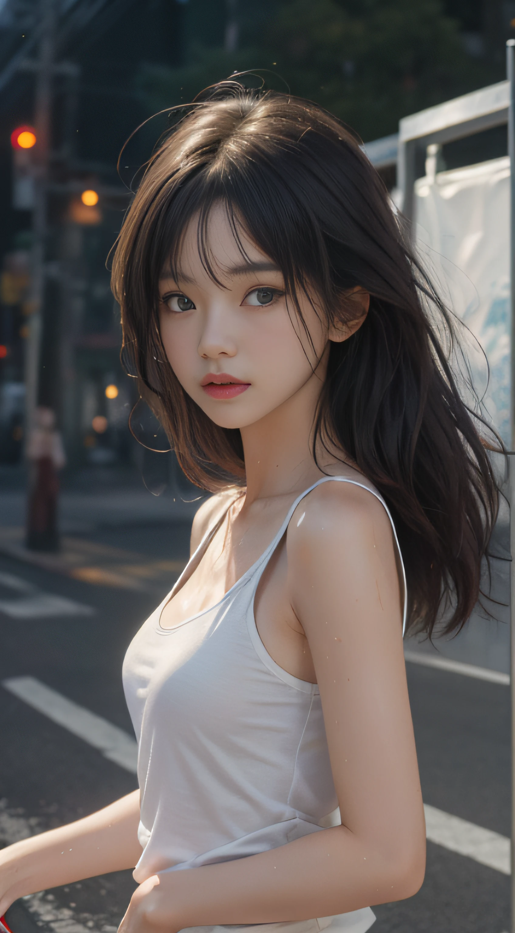 ((Best quality, 8K, Masterpiece :1.3)), Sharp focus :1.2, perfect figure beautiful woman:1.4, Slim abs:1.2, ((Layered Hair Style,)), (Tank top shirt:1.1 ), (the street:1.2), Highly detailed facial and skin texture, A detailed eye, double eyelid,（torn laundry：1.5）， （wetclothes：1.4）， exposed bare shoulders， Real rain， Wet hair,..