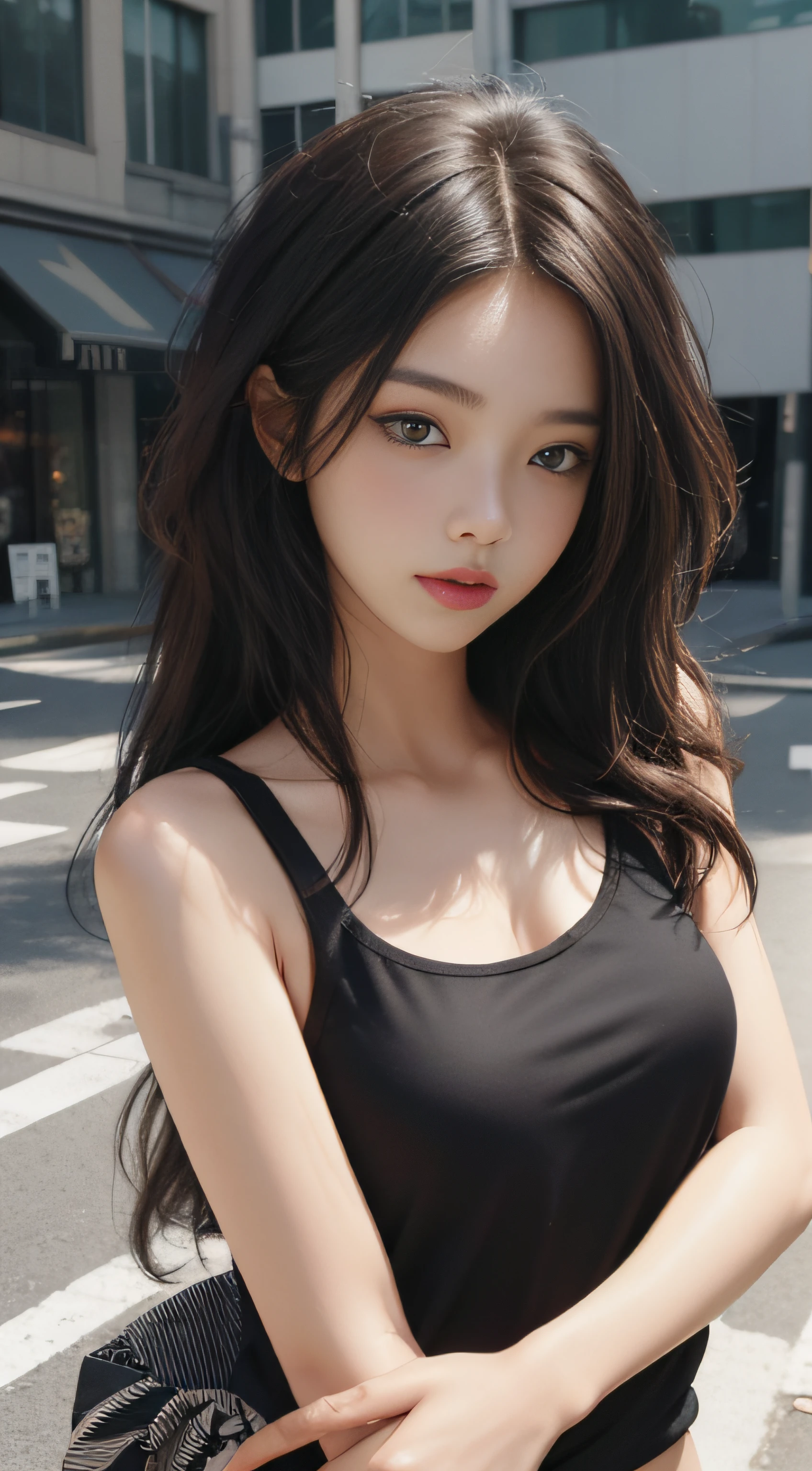 （Magazine cover style illustration of a vibrant, stylish woman dressed），((Best quality, 8K, Masterpiece :1.3)), Sharp focus :1.2, perfect figure beautiful woman:1.4, Slim abs:1.2, ((Layered Hair Style,)), (Tank top shirt:1.1 ), (the street:1.2), Highly detailed facial and skin texture, A detailed eye, double eyelid,MagazineCover