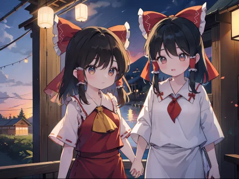 2 girls in、holding hands、((borei reimu))、holding hands、sunset road、beatiful lights、gentle family face、small reiatsu and big reia...